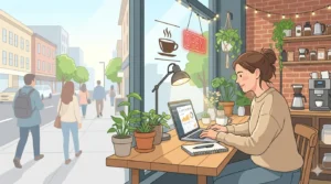 A clip art illustration of a smiling woman working on her laptop inside a coffee shop with an 'Open' sign. Her screen shows rising analytics charts, symbolizing how SEO brings small businesses out of the shadows and attracts new customers.